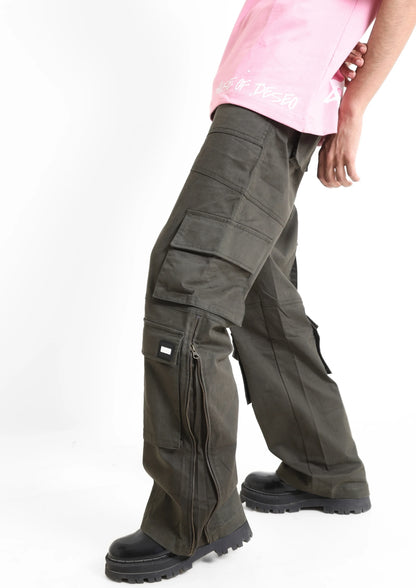 Green Wide Leg Zipper Cargos | Unisex